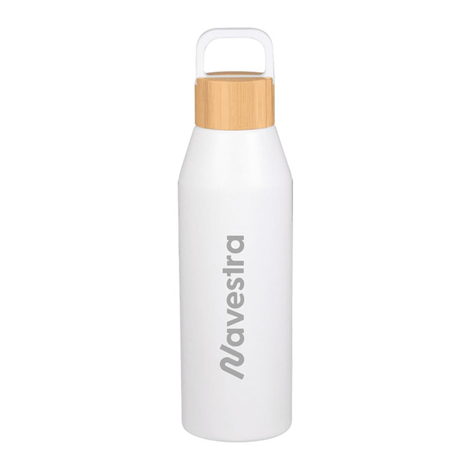 A drink bottle with a white body and bamboo lid, featuring a logo on the side. Holds 1 litre.