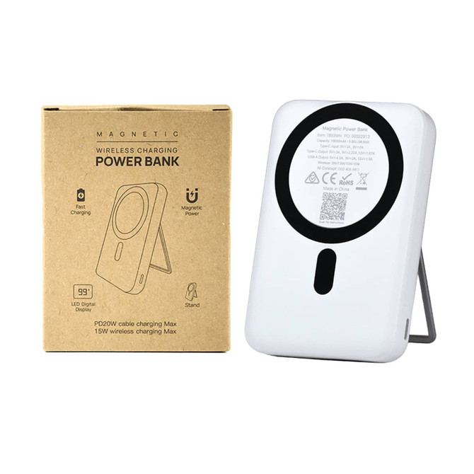 A white magnetic power bank with a phone stand and LED display, displayed alongside its packaging.