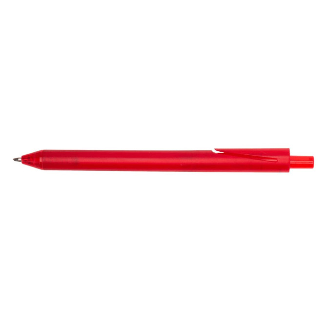A red pen with a tapered tip and a clip on one side, featuring a smooth finish.