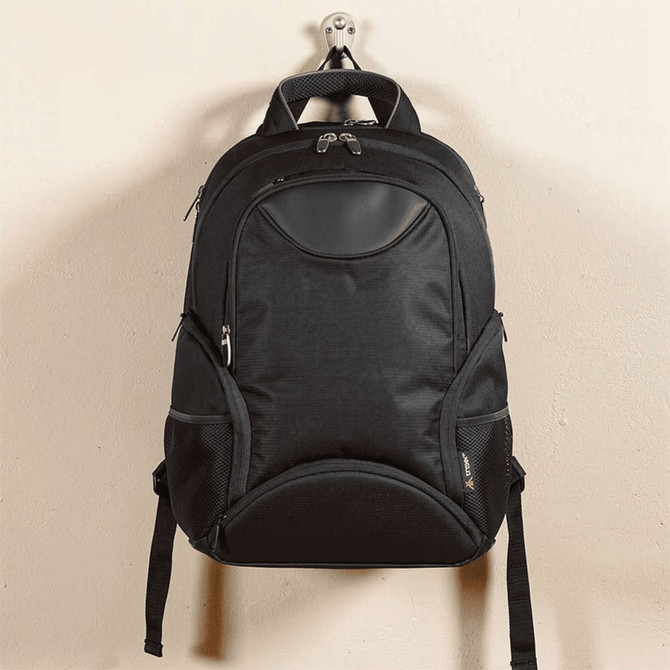 A black 15" computer backpack with multiple compartments and a logo. Features padded straps for comfort.