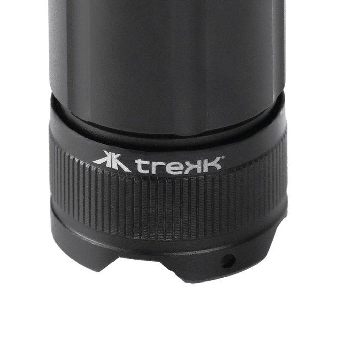 A black LED torch with a textured grip and a logo near the base.