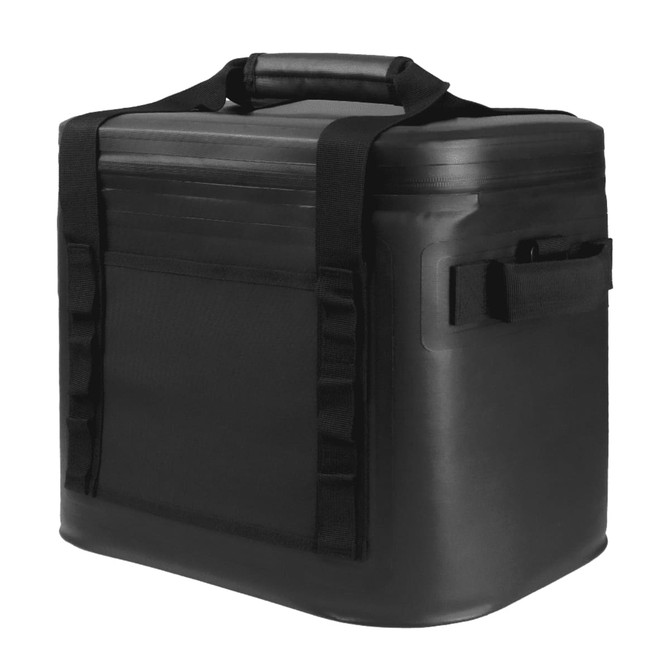 A black soft-sided cooler bag with handles and straps, designed for carrying drinks and food.