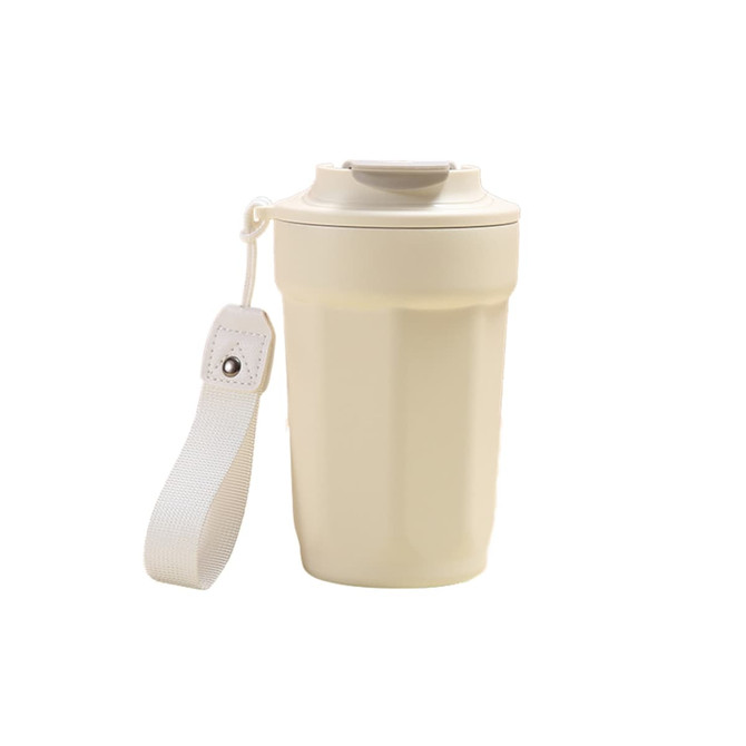 A drink bottle in cream colour with a double wall design, stainless steel, and a strap for easy carrying.