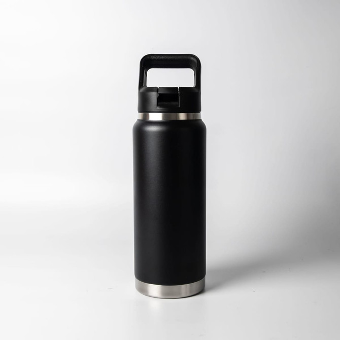 A drink bottle featuring a sleek black finish with a stainless steel base and a handle on top.
