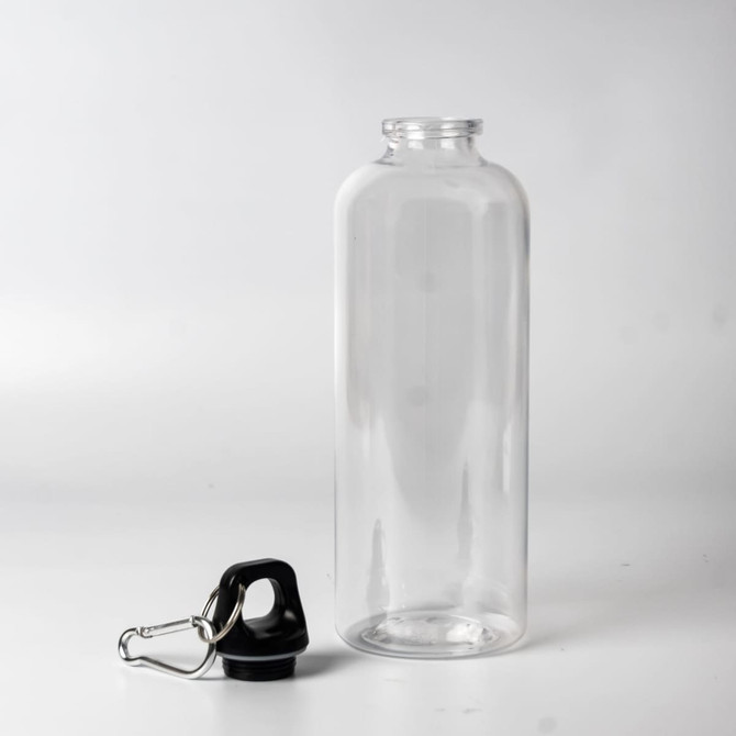 A drink bottle made of clear plastic, featuring a black cap and carabiner.