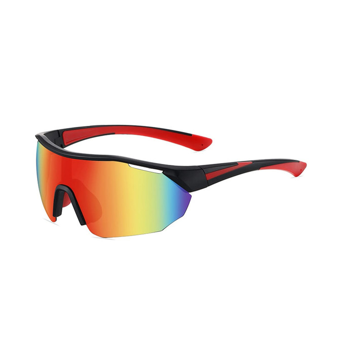 Sports cycling sunglasses in black and red, featuring a large, mirrored lens with a gradient of colours.