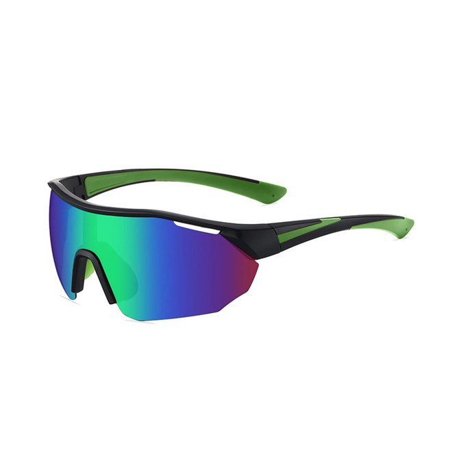 Sports cycling sunglasses featuring a sleek black frame with green accents and a vibrant, reflective lens.