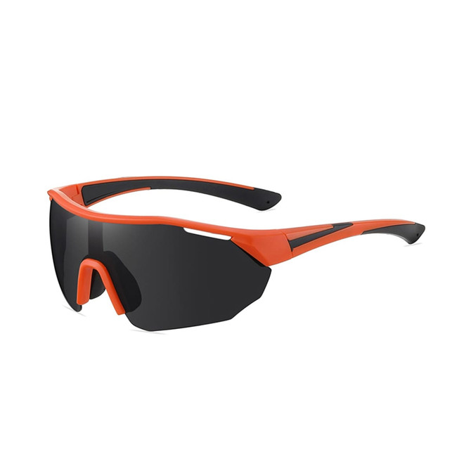 Sports cycling sunglasses in black and vibrant orange, featuring a sleek design with a logo on the side.