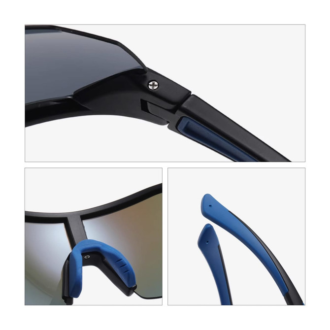 Sports cycling sunglasses featuring a black frame and blue accents, with a close-up of the adjustable nose pad and temple tips.