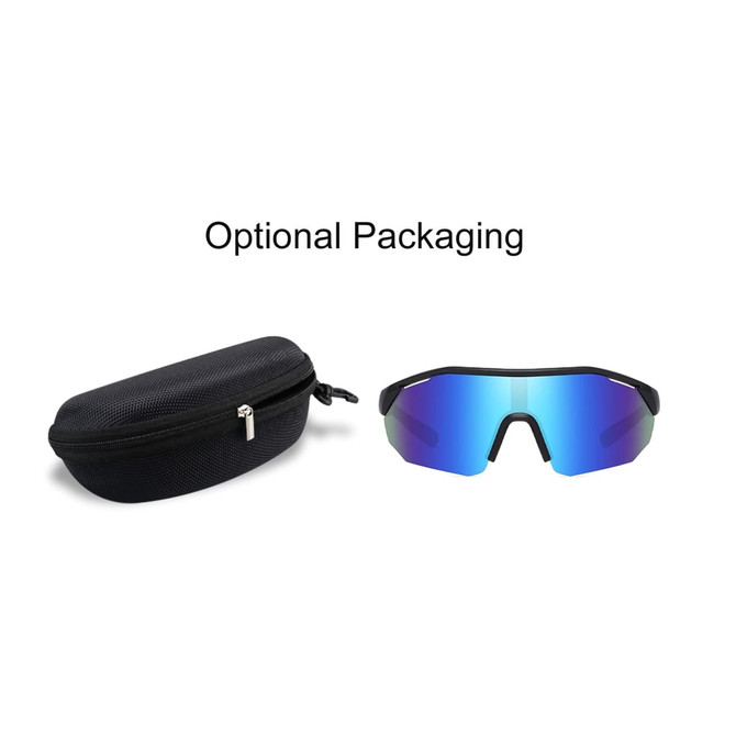 A pair of sports cycling sunglasses with a blue reflective lens, accompanied by a black protective case.