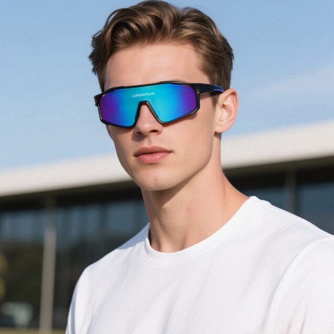 Sport sunglasses with a mirrored lens, featuring a purple frame, worn by a model against an outdoor backdrop.