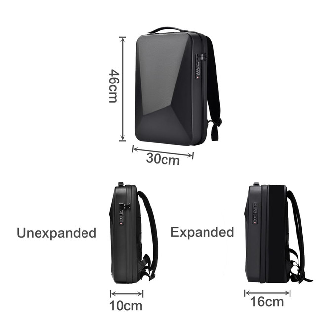 An expandable hardshell backpack in black, displayed in both unexpanded and expanded forms, with dimensions shown.
