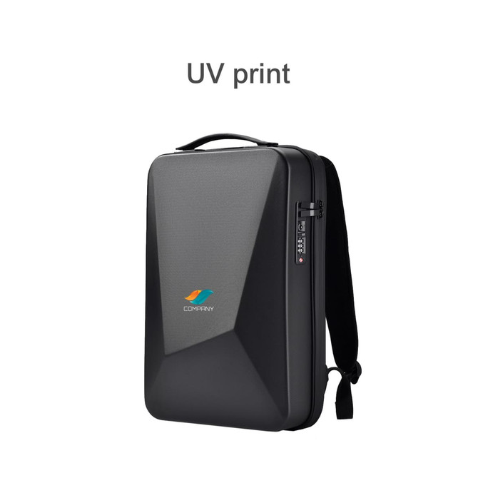 A black expandable hardshell backpack with a sleek design and a logo. It features a carry handle and shoulder strap.