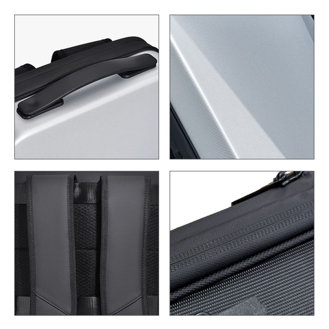 A grey expandable hardshell backpack features a sturdy handle, padded straps, and textured surfaces. It has a logo as well.