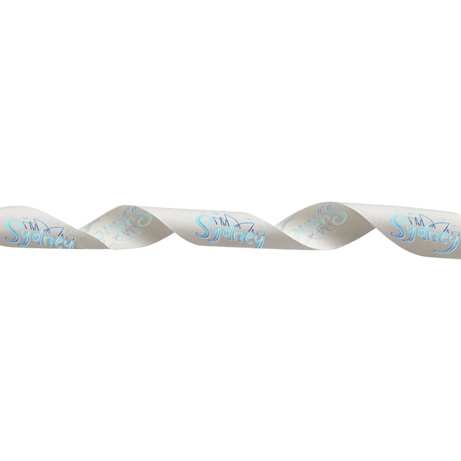 Full colour printed cotton ribbon in white with a patterned design featuring blue and silver elements.