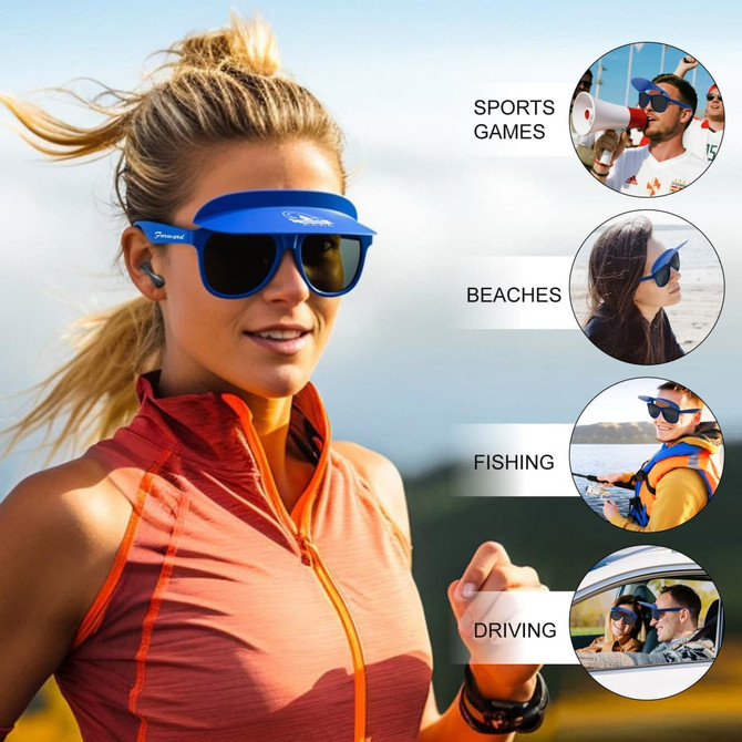 A pair of blue flip-up visor sunglasses on a model outdoors, with a logo visible on the product.