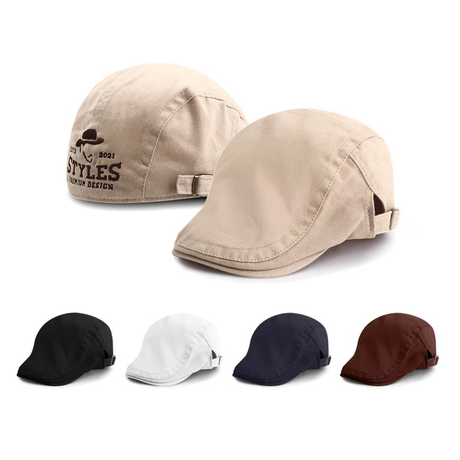A beret hat displayed in beige with a logo, alongside options in black, white, navy, and brown.