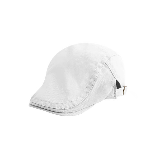 A white beret hat with a structured shape and adjustable strap on the side.