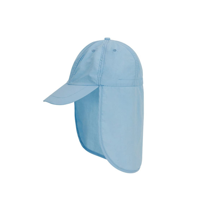 A light blue baseball cap with a neck flap, featuring a logo on the side.