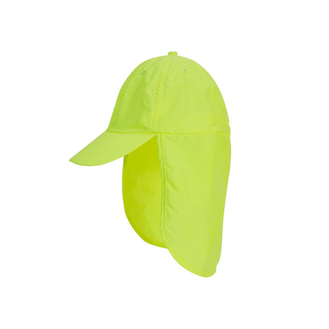A bright yellow baseball cap with a neck flap, featuring a protective design and a logo on the front.