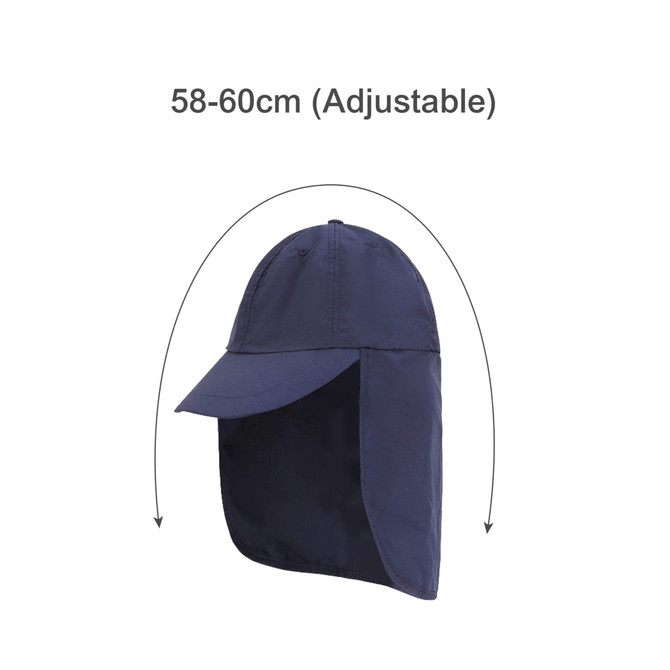 A navy blue baseball cap with an adjustable neck flap and a logo on the front.