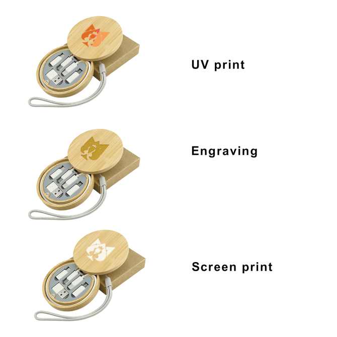 A bamboo cable kit featuring a circular case, containing multiple cables with different personalised designs.