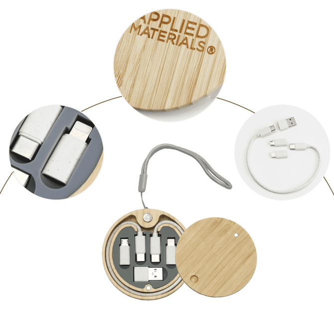 A bamboo circular kit containing various charging cables and connectors, featuring a smooth, natural finish.