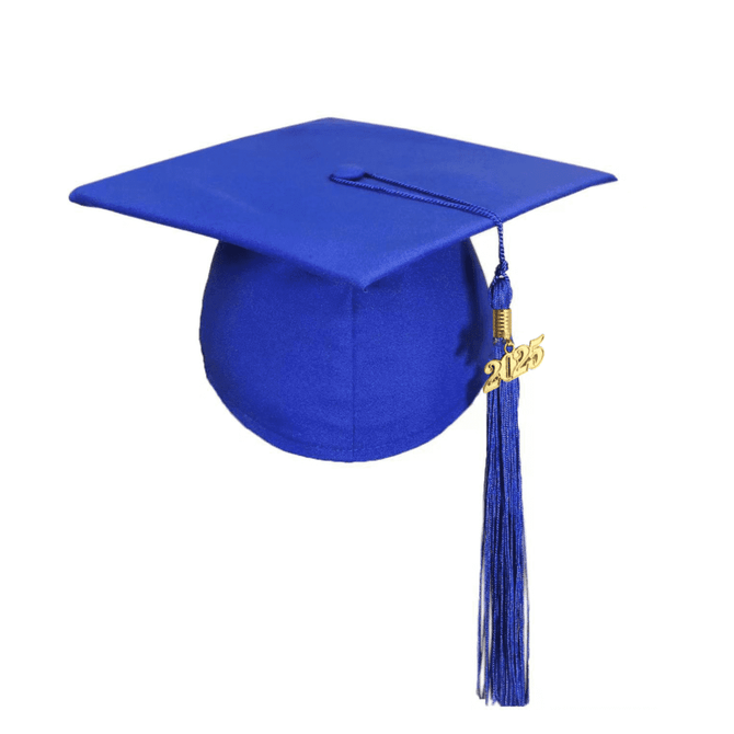 A blue mortarboard graduation cap with a gold tassel and the year 2023 attached. It has a logo on the side.