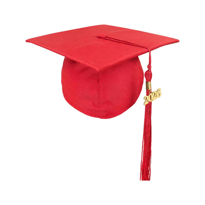 A red mortarboard graduation cap with a tassel and a year tag for 2026. It features a simple design and has a logo.