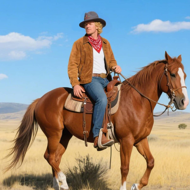 A man in a tan felt wide brim fedora hat rides a brown horse in a sunlit, open landscape.