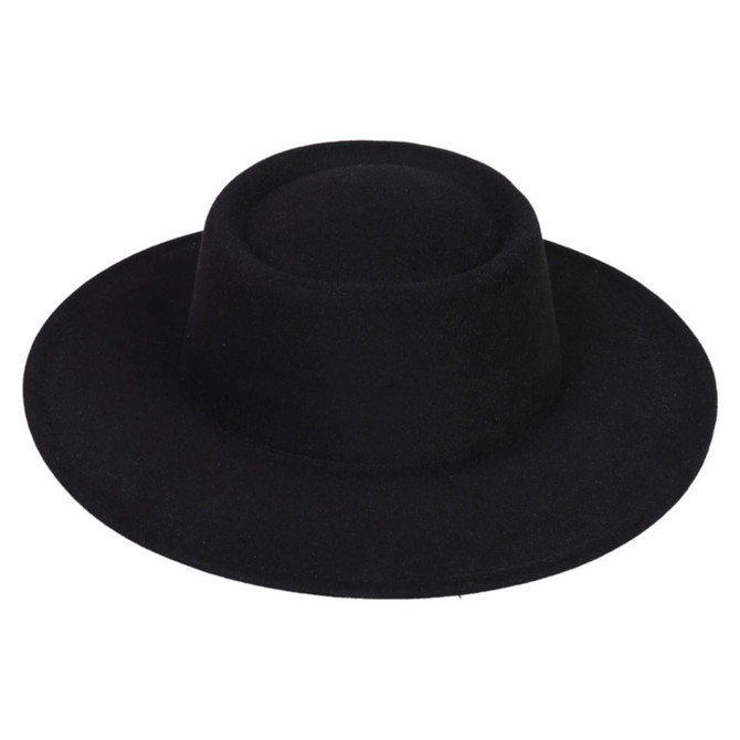 A flat top felt fedora hat in solid black, featuring a wide brim and a cylindrical crown.
