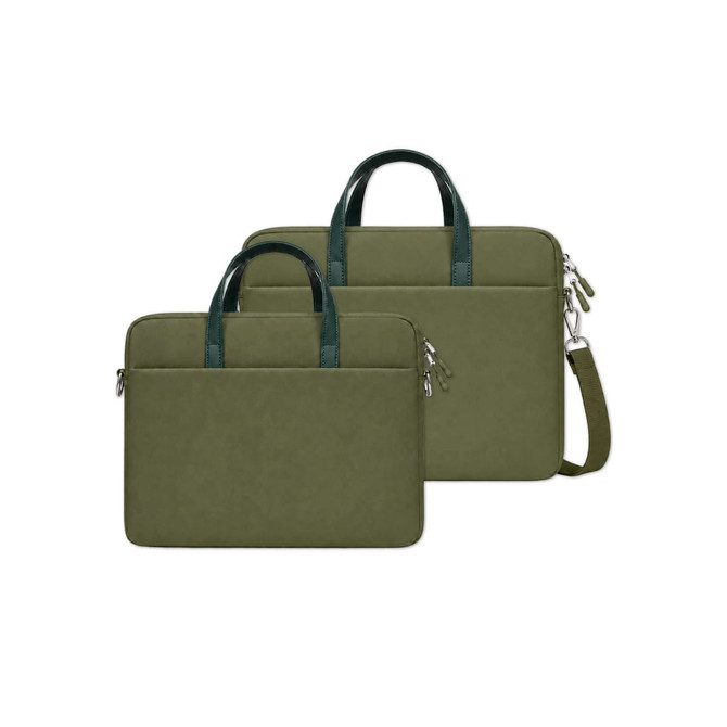 A green sling laptop bag with a buffer pad, featuring handles and a removable shoulder strap. It has a logo.