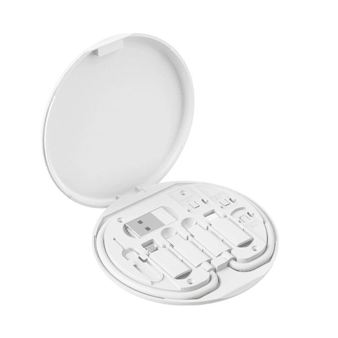 A circular white case containing assorted white charging cables and a USB connector laid out neatly inside.