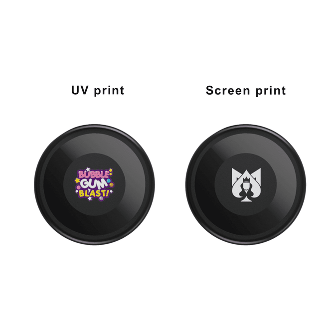 Two black circular products feature different printed designs: one with vibrant text and the other with a logo.