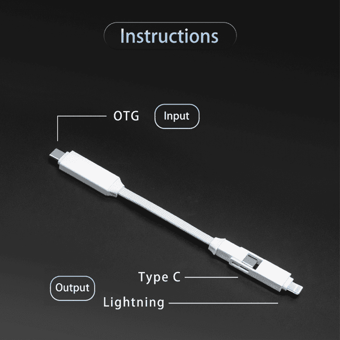 A white 60W 3-In-1 ABS charging cable with USB Type C, Lightning, and OTG connectors, featuring a logo.