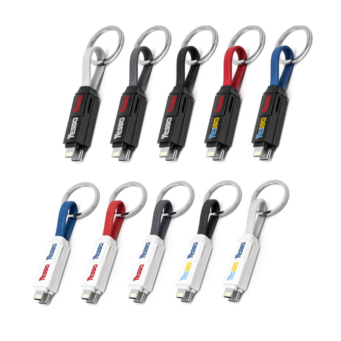 A collection of 60W 3-In-1 ABS charging cables in black, red, blue, silver, and white, each with a keyring attachment.
