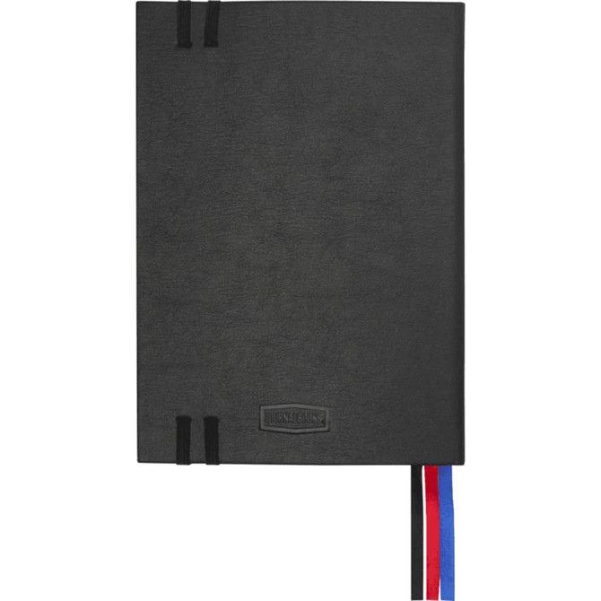 A black diary with a textured cover, featuring a logo and two ribbon page markers in red and blue.