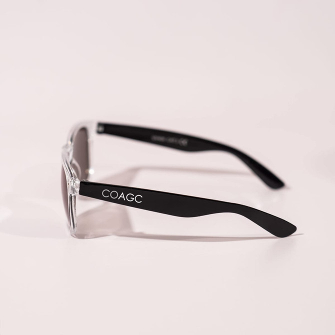 Transparent framed sunglasses with black arms, featuring a logo on the side.