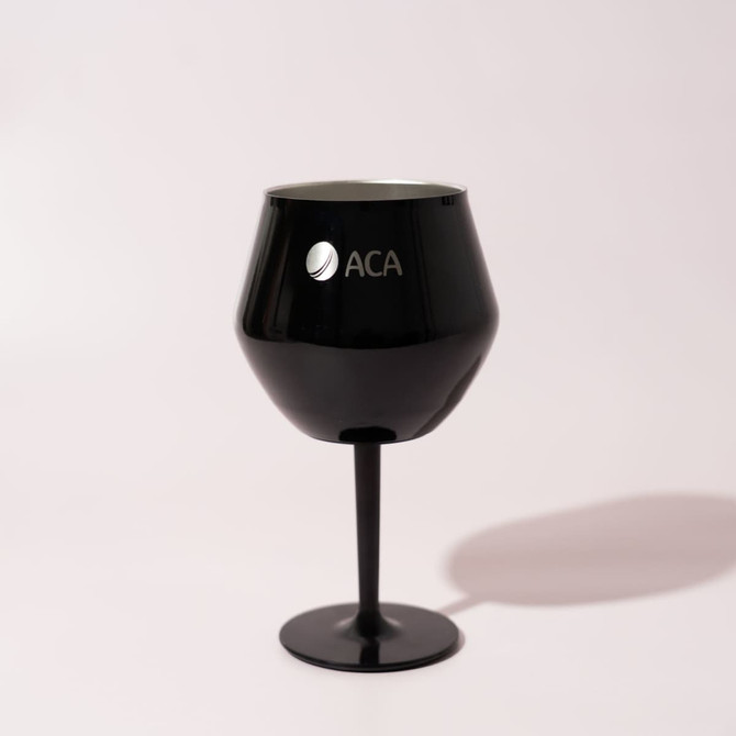 A black detachable wine glass with a sleek finish and a logo on the front.