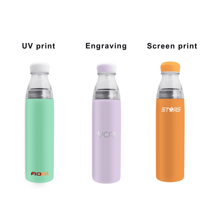 A drink bottle featuring three designs: mint green, lavender, and orange, each with clear caps and various finishes.