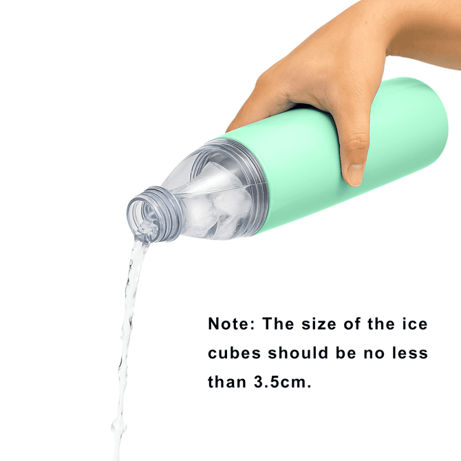 A drink bottle in mint green with a clear top, featuring a hand pouring water from it. Includes a logo.