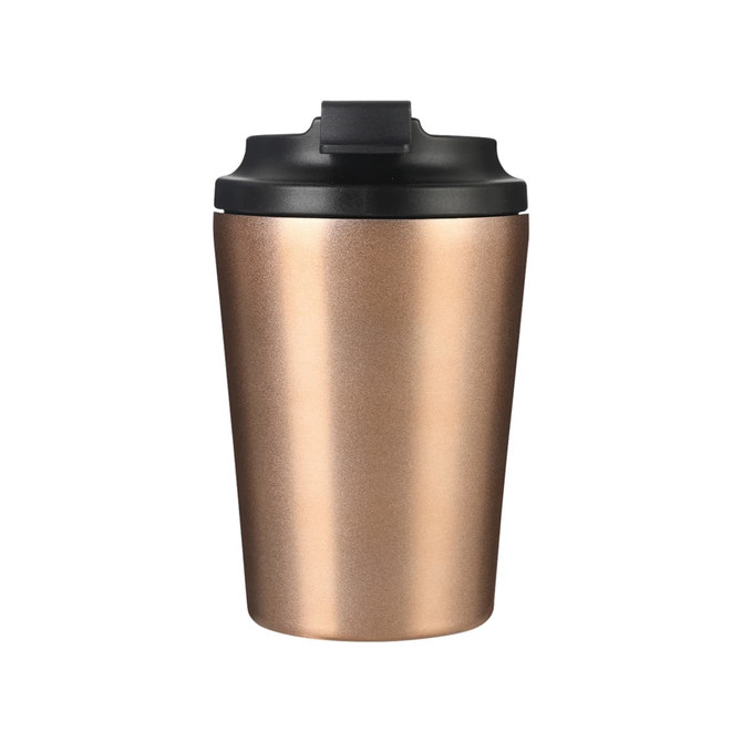 A drink bottle featuring a spray-painted metallic bronze finish with a black lid and a logo.