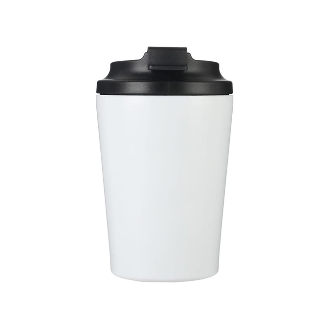 A 350ML spray painted stainless steel coffee mug in white with a black lid and a visible logo.