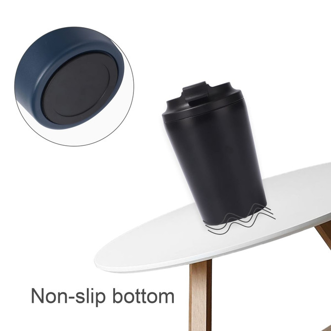 A stainless steel coffee mug in matte black with a non-slip bottom and a logo on the side.