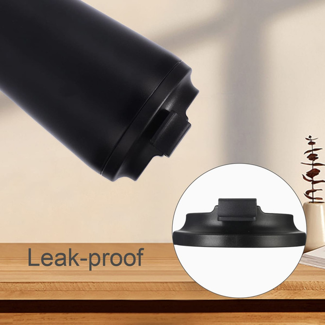 A stainless steel coffee mug in matte black with a leak-proof lid and a logo on the side.
