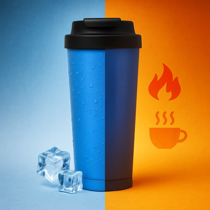 A drink bottle in blue with a black lid, featuring condensation, alongside ice cubes on a split background.