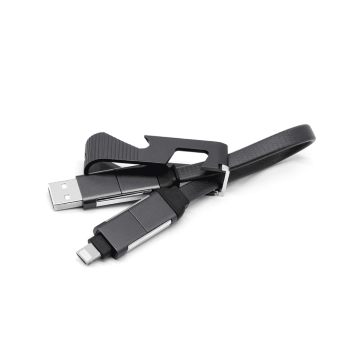 A black charging cable with an opener and phone stand, featuring connectors and a strap for organisation.