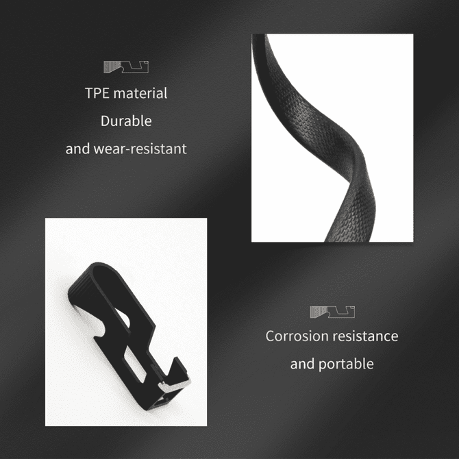 A close-up of a black TPE material charging cable featuring a built-in opener and portable phone stand.