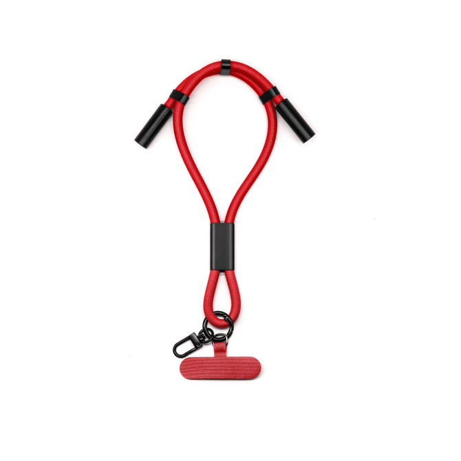 A red charging phone strap with black connectors and a clip, designed for easy portability and use.