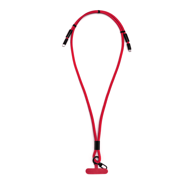 A red charging phone lanyard with connectors at both ends and a secure attachment point. It features a logo.